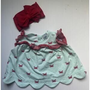 Ishtex Baby Girl Crab Print Scallop Hem Top 6M + RuffleButts Bow
